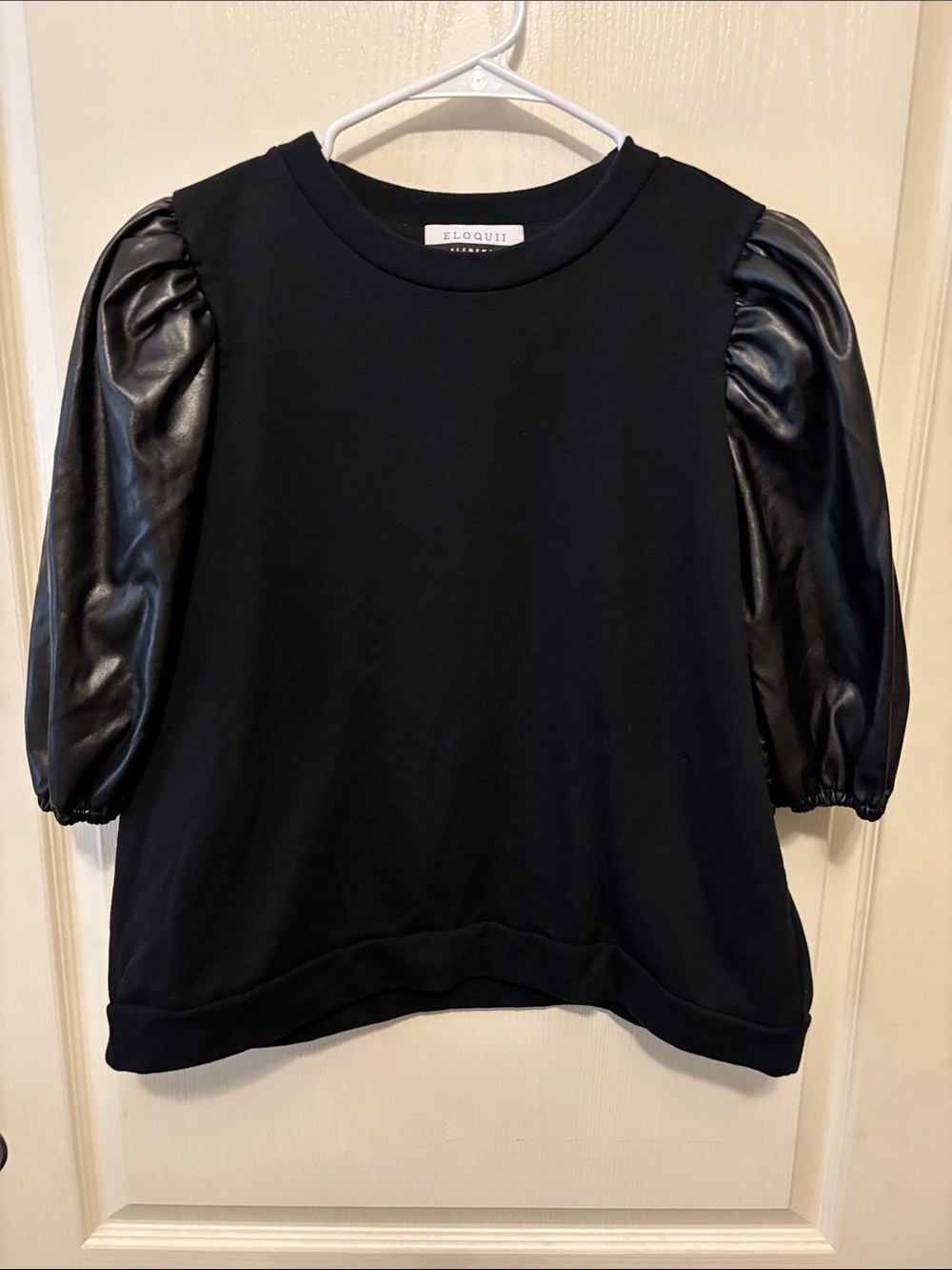 Eloquii Black Faux-Leather Puff Sleeve Sweatshirt